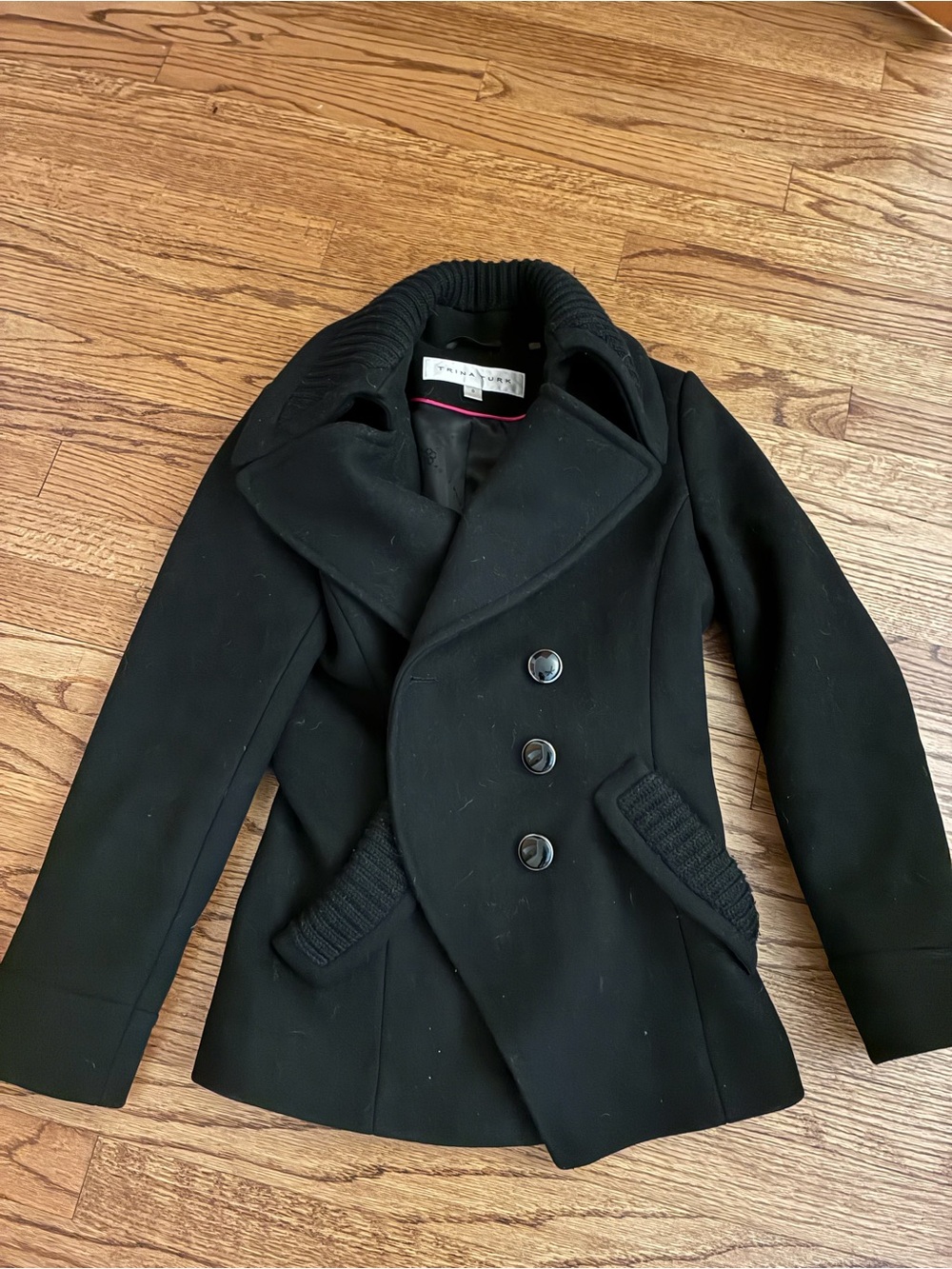 Trina Turk Black Double-Breasted Pea Coat with Rib-Trim Collar